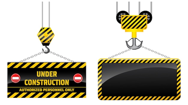建設中の現実的な注意またはクレーンフックイエローボード吊り下げまたは注意バナーのセット