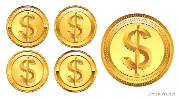Вектор Набор реалистичных золотых монет доллара сша легко модифицировать