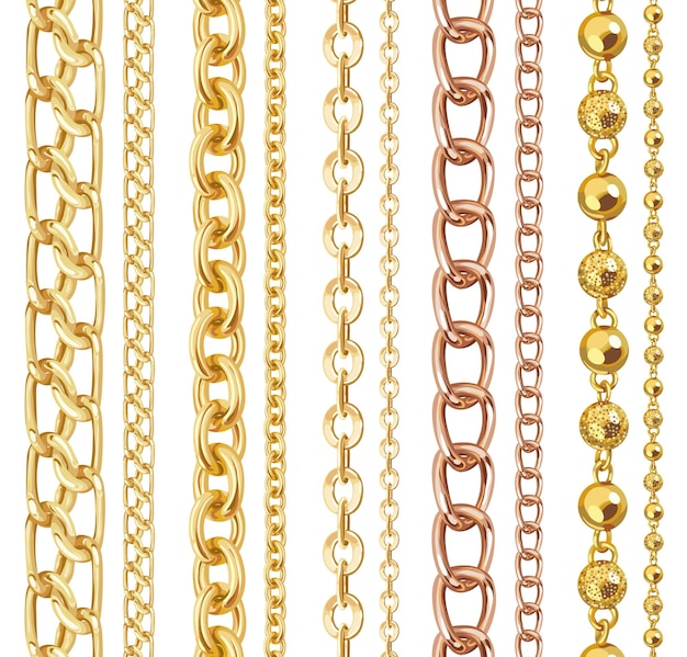 Вектор Набор реалистичных векторных золотых блестящих цепей векторная иллюстрация изолированного золотого металлического ожерелья