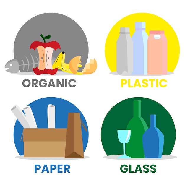 ベクトル リサイクルアイコンのセット有機食品紙段ボールガラスとプラスチックをリサイクルします