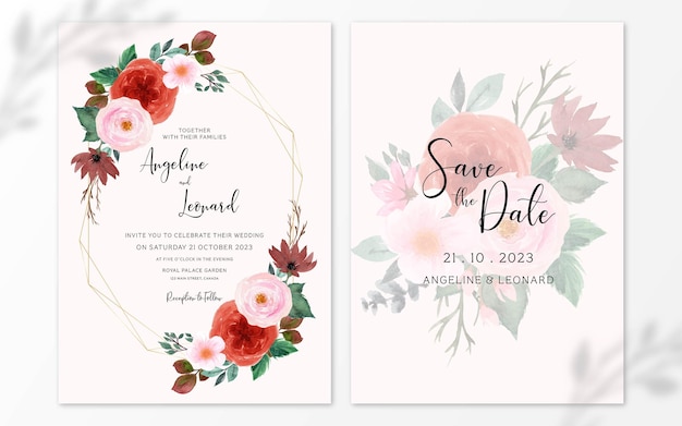 赤とピンクの水彩画の花の結婚式の招待状のセット