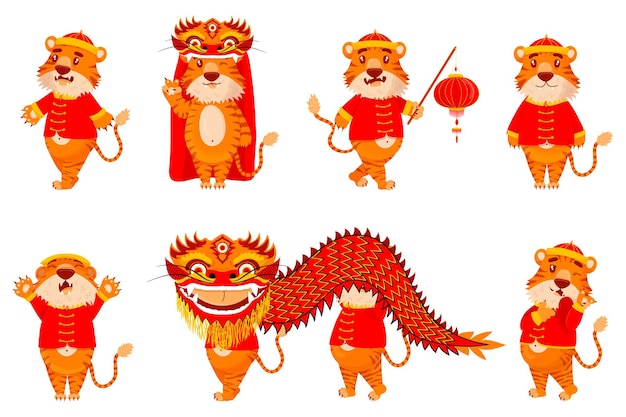 漫画スタイルのシンボルのランタンとドラゴンと新年の衣装で赤い中国の虎のセット