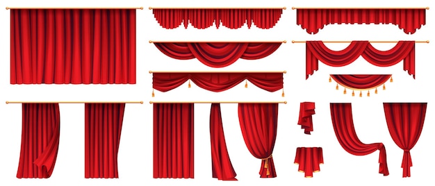 Набор красных штор изолировал декоративную сценическую ткань. вектор роскошный декор карниза, внутренние ткани внутренней драпировки, текстильный лабрек, алый шелковый бархатный занавес. оформление сцен театра, кино
