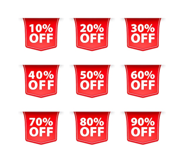 소매 홍보  ⁇ 터 일러스트레이션을 위한 다른 판매 비율을 가진 빨간색 할인 태그 세트
