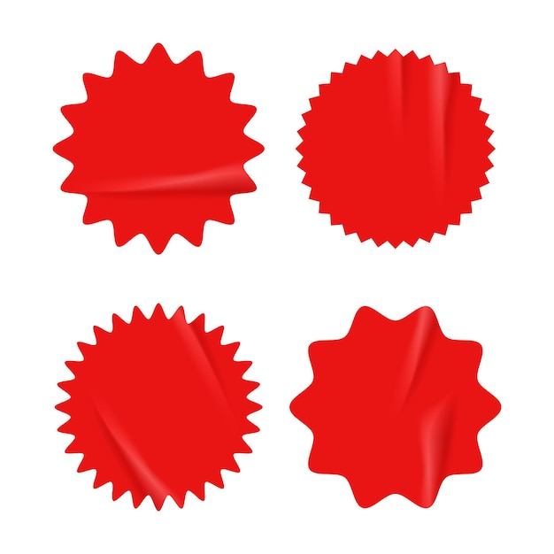 ベクトル しわくちゃのグランジ レトロな質感を持つ赤いスター バーストのセット価格販売割引プロモーション広告用プラスチック接着ステッカー透明な背景に分離されたベクトル図