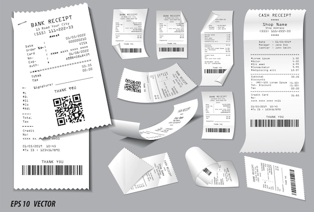 Набор кассовых чеков или кассовых чеков, напечатанных на белой бумаге концепции eps вектор