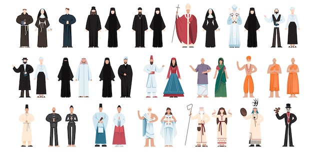 특정 유니폼을 입고 종교 사람들의 집합입니다. 남성과 여성의 종교 그림 컬렉션. 불교 승려, 기독교 사제, 랍비 유대교, 무슬림 물라. 삽화