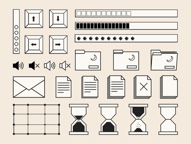 Set of retro computer interface design elements buttons documents and folders symbols interfaces and loading bars in 2000s aesthetics Vector illustration and graphic design elements