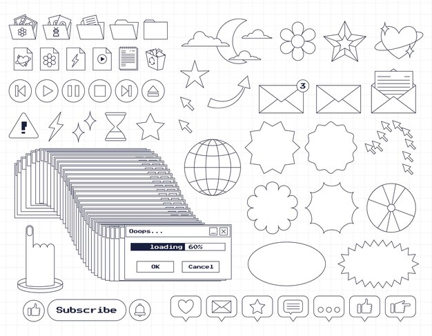 레트로 컴퓨터 Ui 향수 요소 및 스티커 세트 윤곽선이 있는 오래된 Pc 90s 사용자 인터페이스 아이콘 고정 창 로드 버튼 폴더 화살표 윤곽선 Y2k 아이콘 벡터 그림