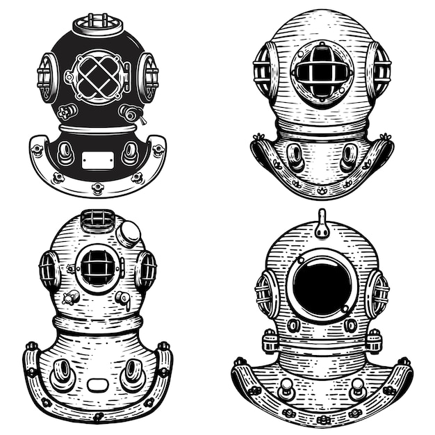 복고풍 스타일의 다이버 헬멧의 집합입니다.