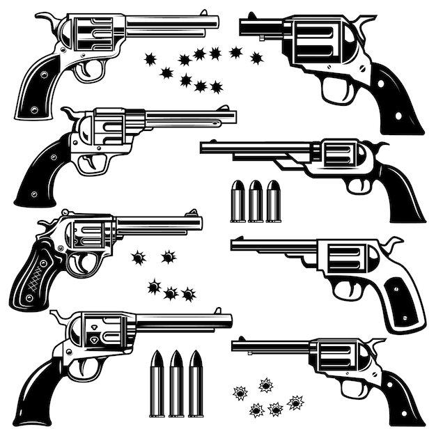 リボルバーイラストのセットです。ロゴ、ラベル、エンブレム、記号の要素。画像