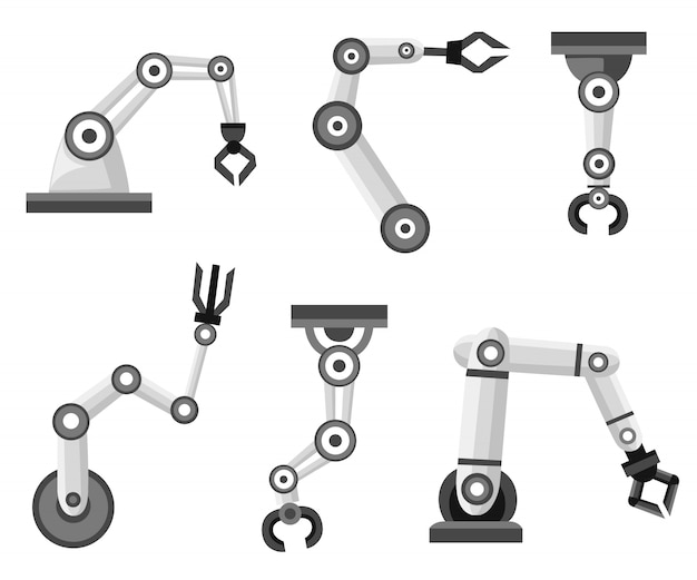 Вектор Набор роботизированного оружия. производство роботов-манипуляторов. икона стиля. иллюстрация на белом фоне
