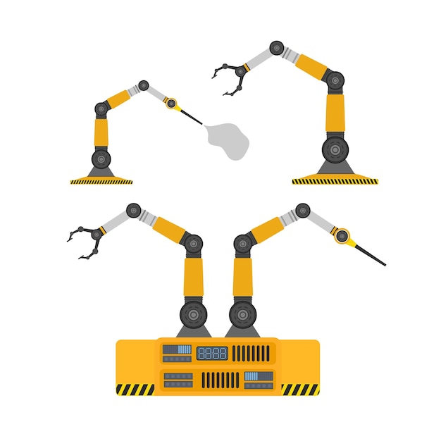 Набор роботизированных рук. механический робот с щупальцем. современные промышленные технологии. техника для производственных предприятий. изолированный. вектор.