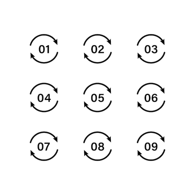 벡터 플랫 라인 스타일의 화살표와 숫자가 있는 둥근 검정 버튼 세트. 벡터 일러스트 레이 션