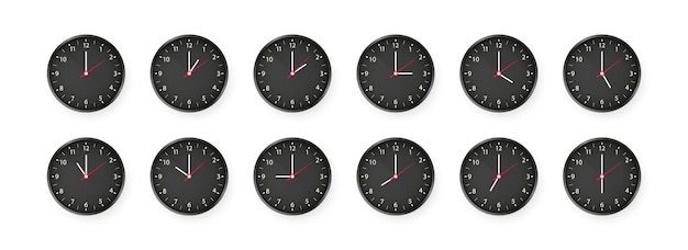 다양한 시간을 보여주는 원형 시계 세트
