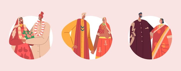 丸いアイコンのセット伝統的なインドのカップルが結婚式を祝う幸せな新郎と新婦のキャラクターの結婚