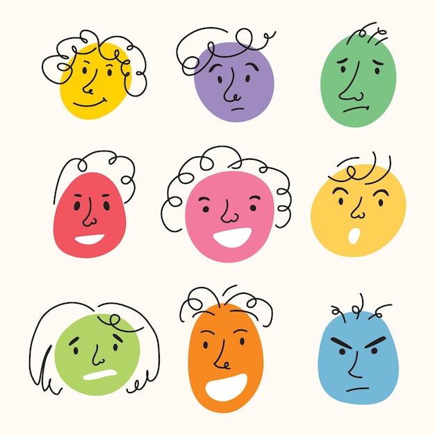 Вектор Набор круглых смайликов с вариантами разных эмоций смешные мультяшные персонажи