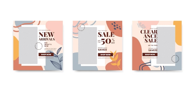 ソーシャルメディアの新着50オフクリアランスセール有機抽象的な形スタイルベクトルイラストの販売招待バナー正方形広告テンプレートのセット