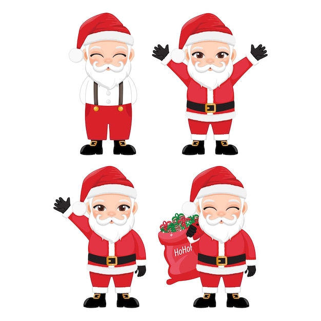 벡터 하 바탕에 고립 된 터 산타 클로스 세트 사랑스러운 산타 만화 캐릭터 선물 가방과 함께 선물을 흔들고 인사 캐주얼 산타 크리스마스 카드 배너 태그 및 라벨