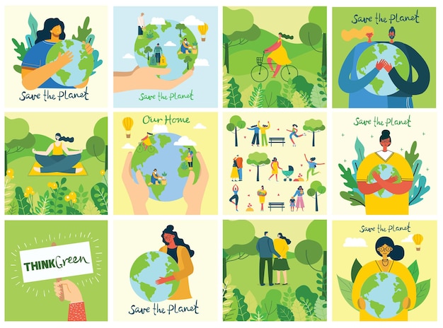 Вектор Набор иллюстраций сохранения окружающей среды. ноль отходов, думай о зеленом, спаси планету