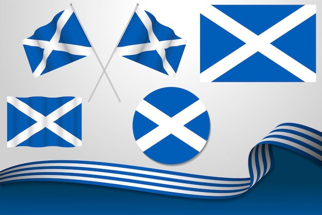 Набор флагов шотландии в различных дизайнах, развевающих флаги с лентой на заднем плане