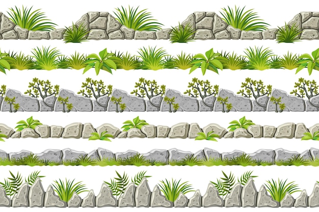 원활한 테두리 오래 된 회색 바위와 잔디 벡터 돌 보도 잎의 집합