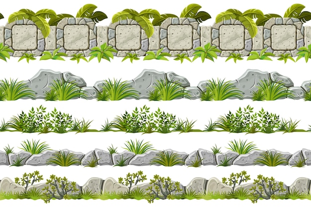 シームレスな境界線の古い灰色の岩と草のセット葉とベクトル石の歩道