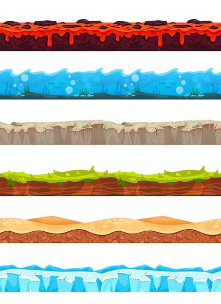 ベクトル 氷マグマ石のパターンとシームレスな孤立した風景画像のセットゲームユーザーインターフェイス漫画ベクトルイラストの土地の救済