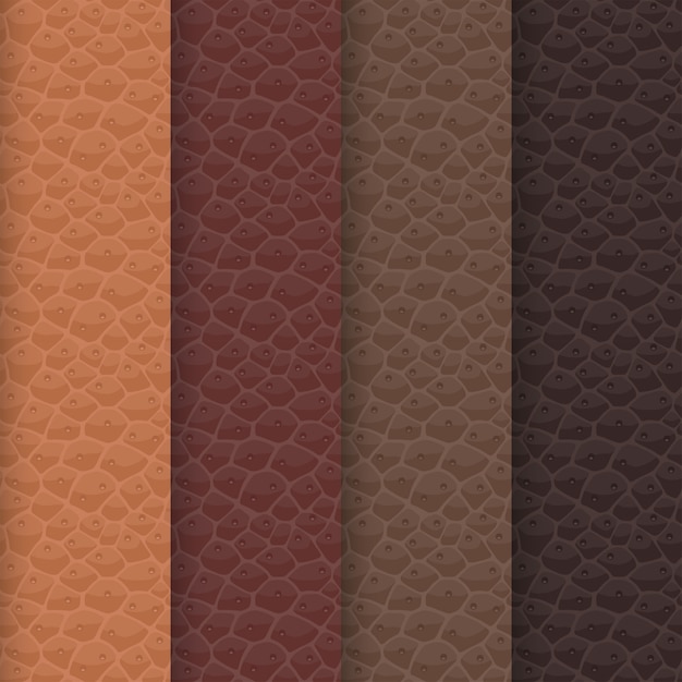 ベクトル 茶色のパレットに基づくシームレスな革のテクスチャのセット。パターンの色合いは、キャラメル、チョコレート、ココア、コーヒーの伝統的な色に揃えられています。リアルな動物の皮膚表面。