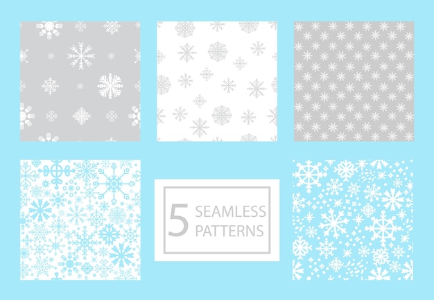白、灰色、青の色でさまざまなクリスマスの雪片とシームレスなパターンのセット。ベクトルイラスト。