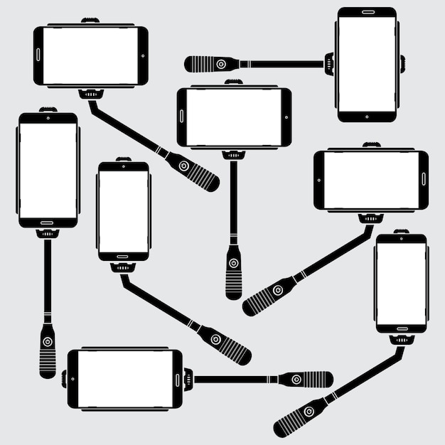 배경에 모바일 Selfie 막대기의 집합입니다. 모노 포드 셀카 촬영 컨셉