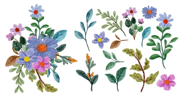 Набор отдельных частей и объединение в красивый букет цветов в стиле акварели на белом фоне плоской векторной иллюстрации