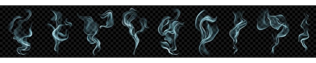 Вектор Набор из нескольких реалистичных прозрачных голубых дымов или пара. для использования на темном фоне. прозрачность только в векторном формате.