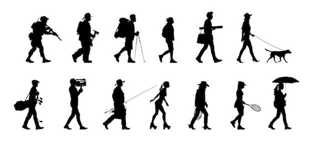 Вектор Набор силуэтов чернокожих на белом фоне профиль идущих мужчин и женщин векторная иллюстрация