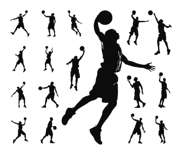 ベクトル バスケットボールをしている男性のシルエット ポーズのセット