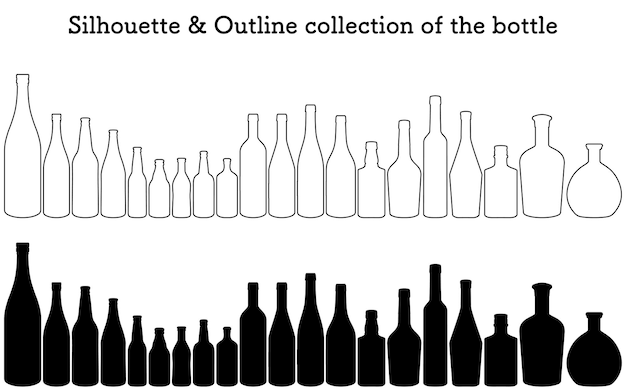 벡터 사케 병과 맥주 와인 병 또는 위스키 병의 실루과 윤 세트
