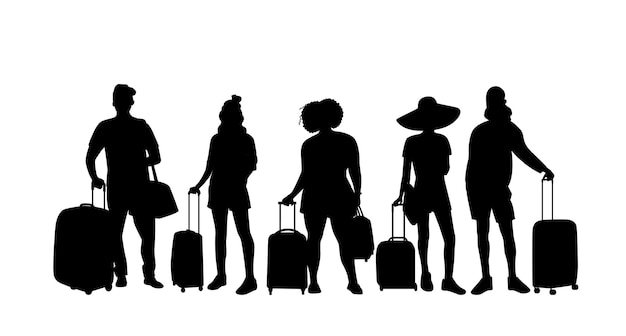 ベクトル スーツケースを持った異なる人々のシルエットのセットベクトルイラスト