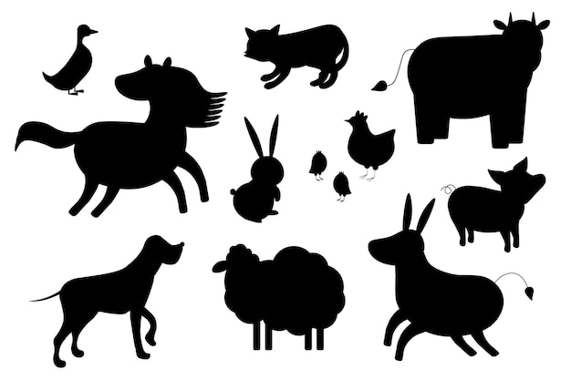 家畜のシルエットのセット白い側面図のプロファイルに分離されたベクトルイラスト家畜家畜epsのコレクションのシルエット