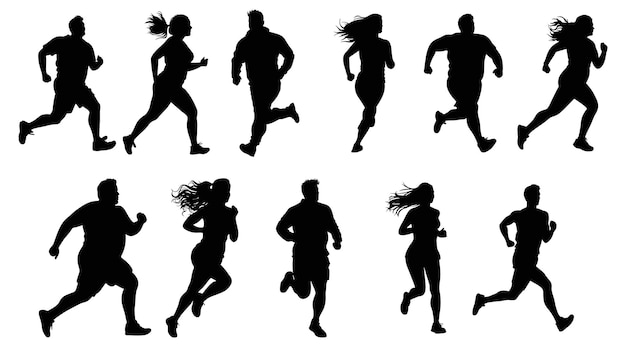 ベクトル 走っている男性と女性のシルエットのセット ランナー スポーツを実行します。