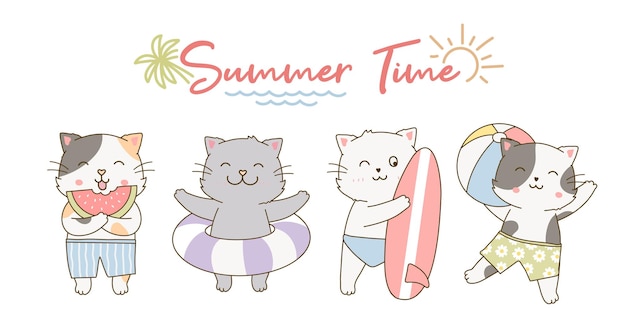 幸せな夏のテーマのバンドルでシンプルなかわいい猫漫画落書き手描きスタイルのセット