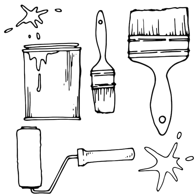 落書きフラットペイントツールのスタイルで簡単な図面のセットペイント缶ブラシローラー