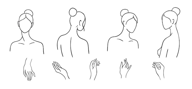 간단한 여성 머리와 손을 선으로 그린 세트. 여성의 최소한의 윤곽선 초상화