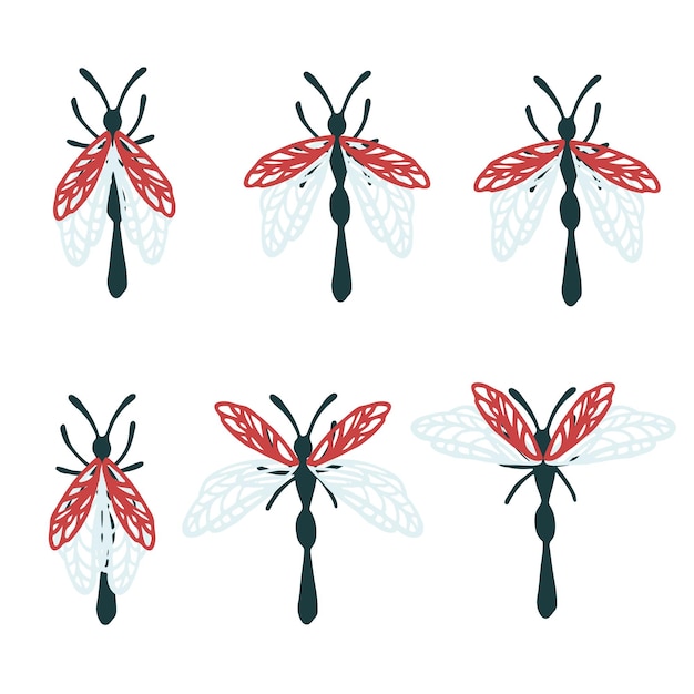 흰색 배경에 고립 된 다른 날개 컬렉션 곤충 평면 벡터 일러스트와 함께 간단한 평면 잠자리의 집합