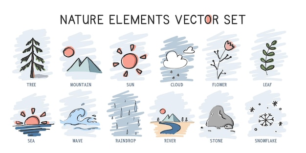 Вектор Набор простых элементов природы ручно нарисованный стиль векторного дизайна дерево гора солнце облака цветок