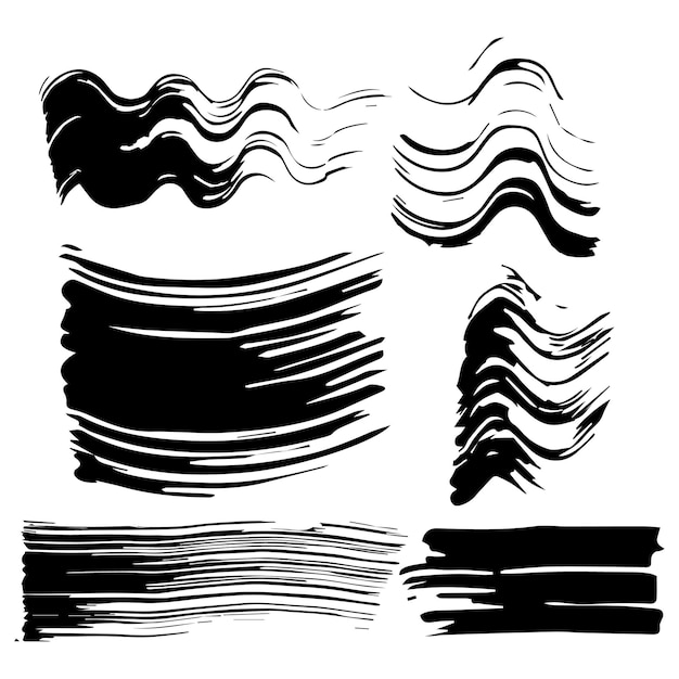 Набор из шести отпечатков туши. черные отпечатки, мазки, разводы на изолированном белом фоне.