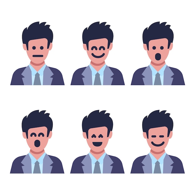 Набор из шести мужчин с разными эмоциями на лице. человеческое лицо с эмодзи. векторная иллюстрация