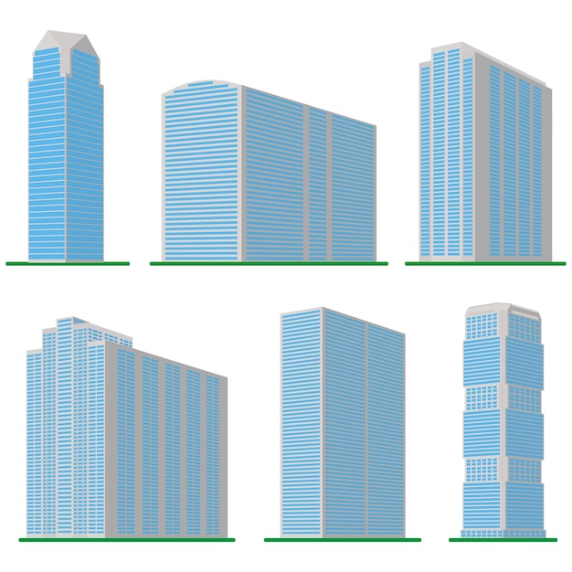 흰색 배경에 6개의 현대적인 고층 건물이 있습니다. 바닥에서 본 건물의 모습입니다. 아이소메트릭 벡터 일러스트 레이 션.