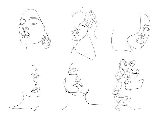 Вектор Набор из шести портретов. простая, минималистичная векторная иллюстрация красивого женского лица. рисование линии.