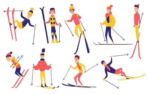 スキーヤーのセット。スキーリゾートのさまざまなポーズで冬のスポーツマン。スキー場の男性。冬のスポーツ活動。男性スキーデザイン要素。スキーヤージャンプ、スタンド、フォール、ライド