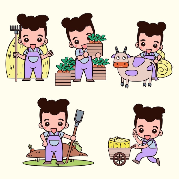 만화 캐릭터 벡터 삽화의 스마트 농장 및 농업 젊은 농부와 농업 및 축산 세트